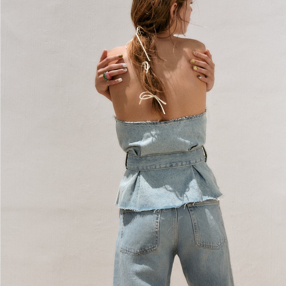 Zara nwt denim jeans belted corset strapless top - Picture 3 of 8